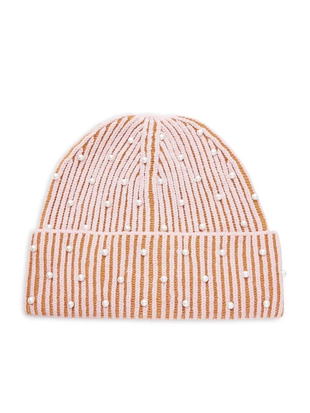 Lele Sadoughi Embellished Stripe Ribbed Beanie SATURDAY STRIPE Hat Pearls Pink